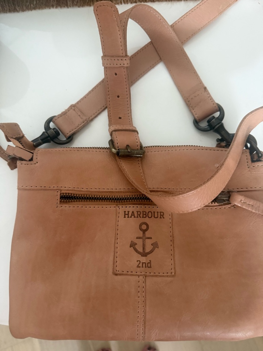 Harbour 2nd Tanned Leather Square Messenger Bag Camel Anchor Logo